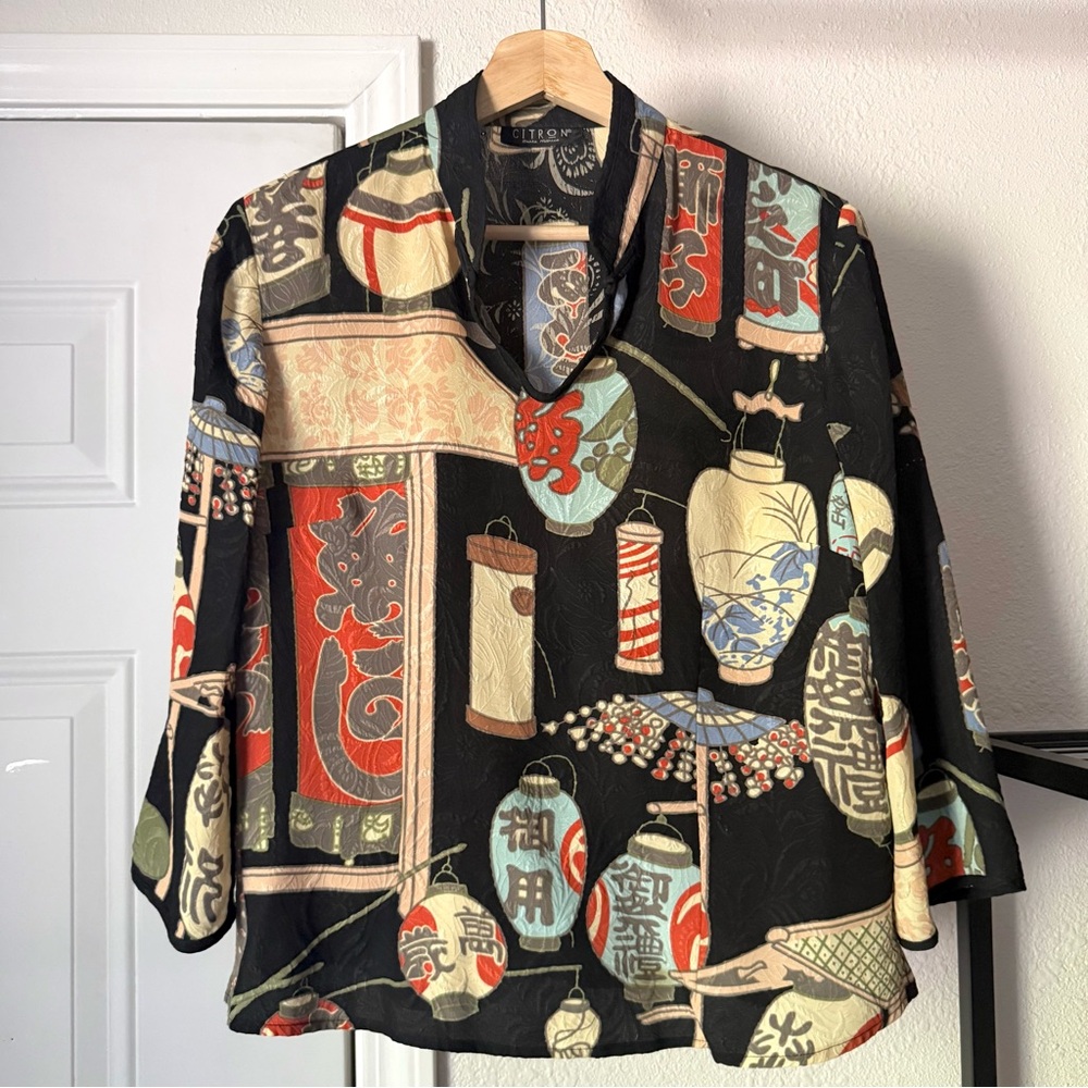 CITRON black mandarin collar Asian lantern 3/4 long sleeve blouse top